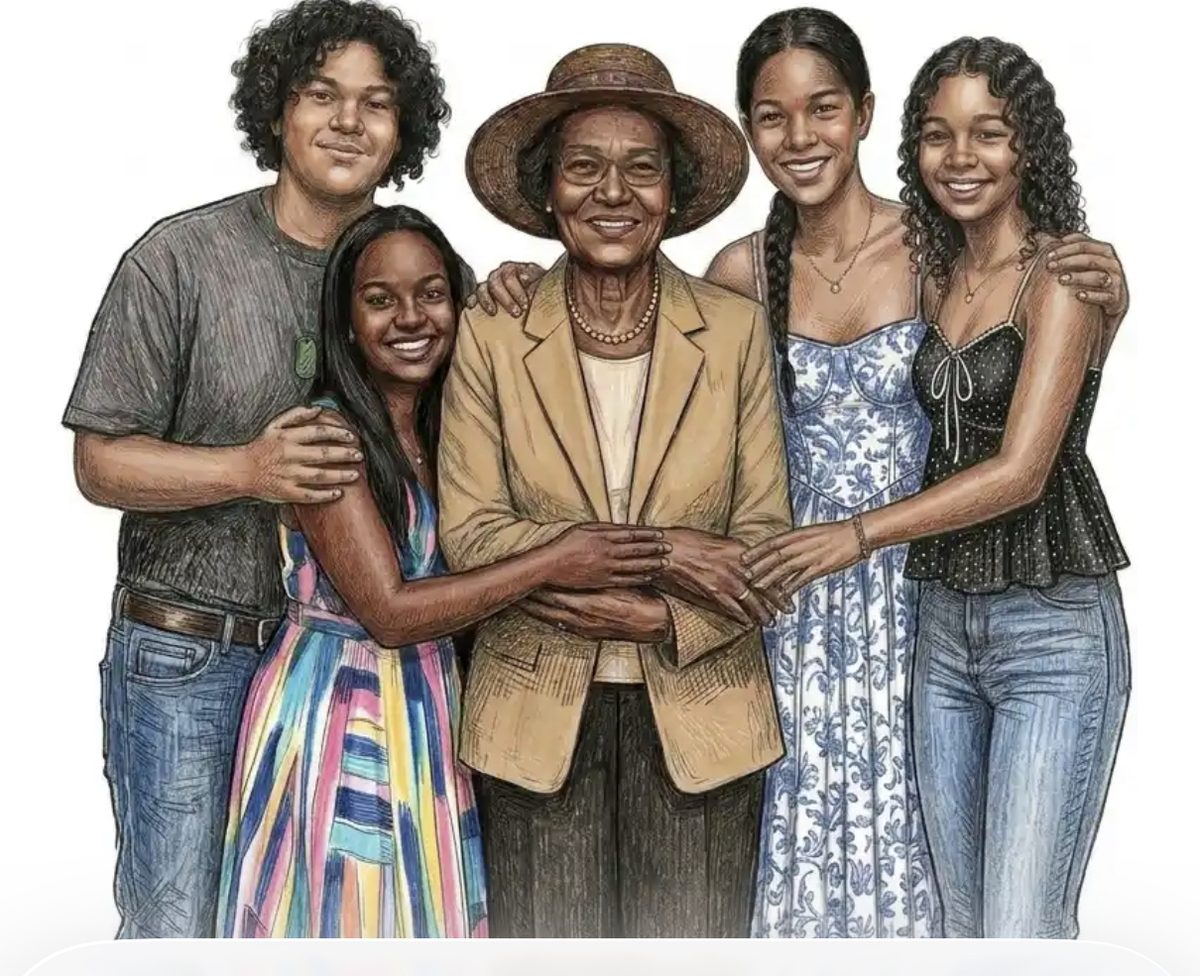 Illustration of Eloise Seymour surrounded by the next generation, the passing of the torch.