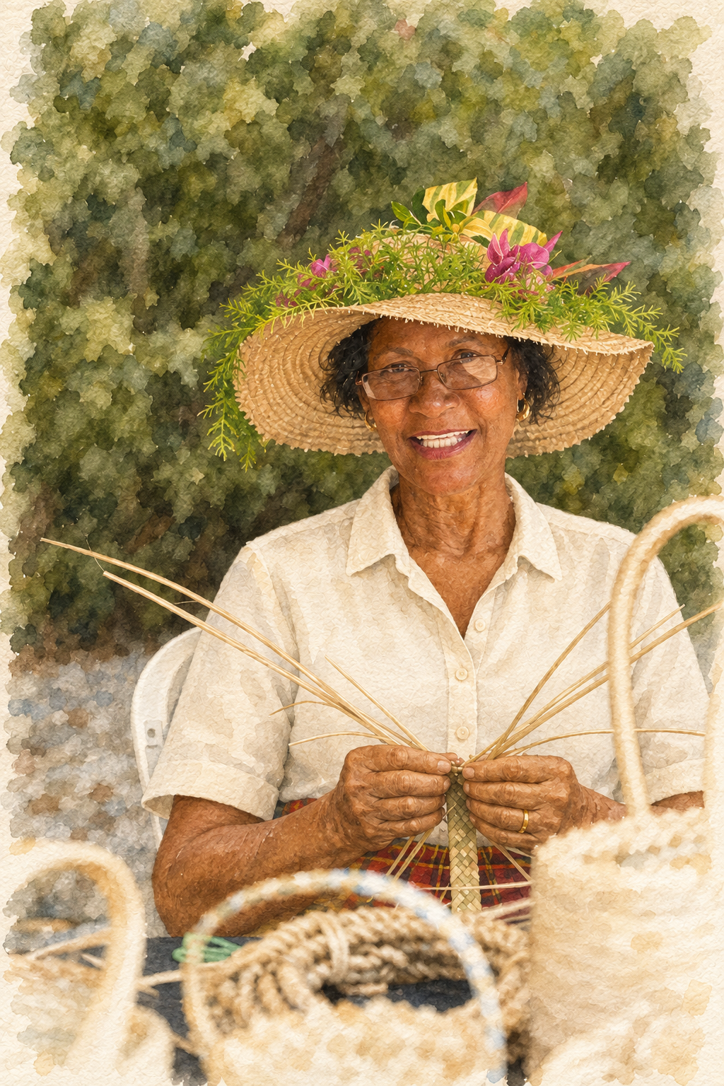 Watercolour portrait of an elderly Caymanian woman in a flower-trimmed straw hat weaving a thatch basket.