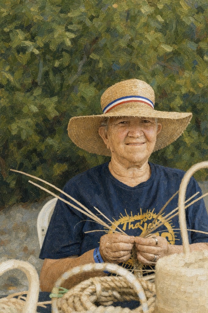 Painting of a smiling Caymanian elder in a straw hat weaving thatch baskets by hand.