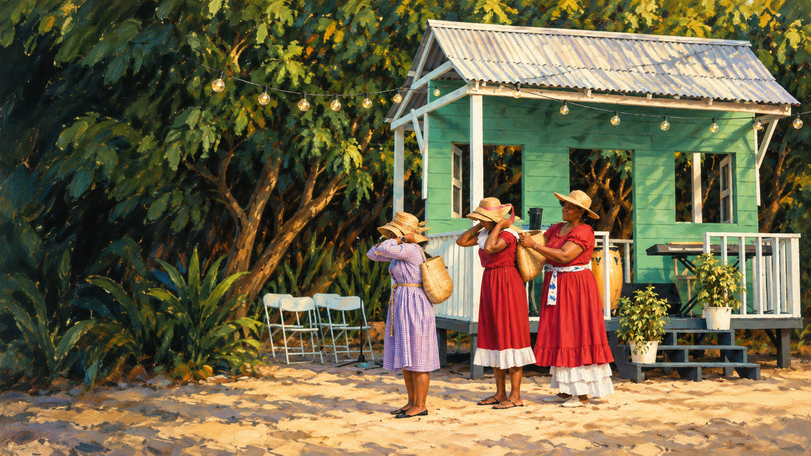 Brush-painted scene of three people in traditional dresses and straw hats beside a green Caymanian cottage.