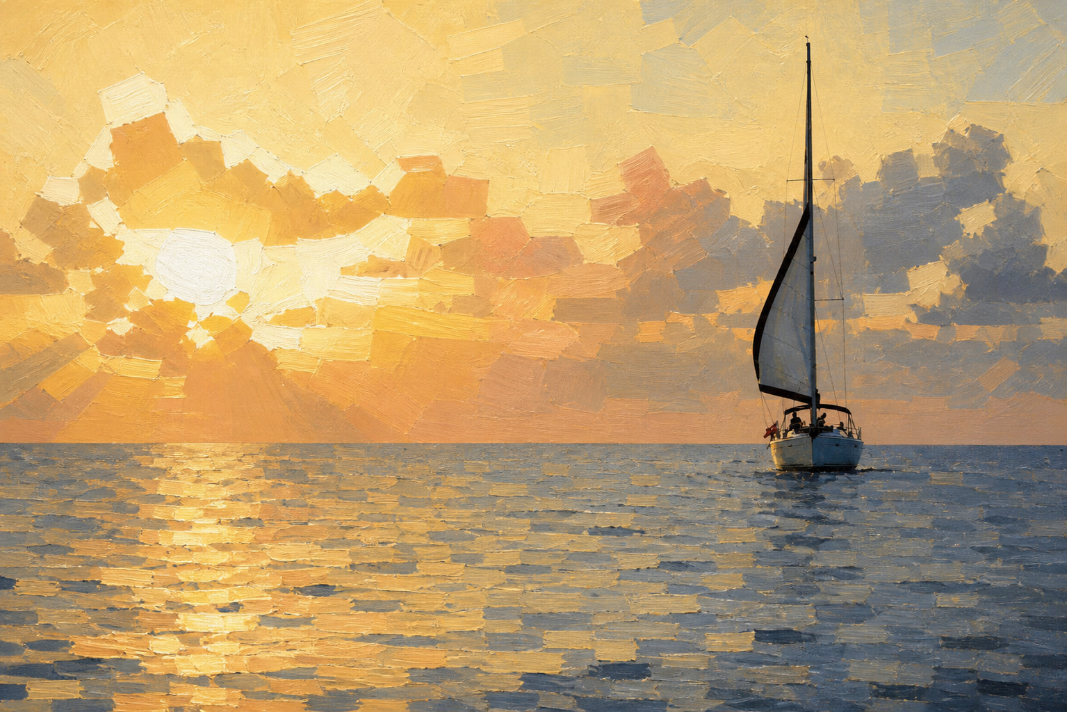 Painterly study of a sailboat crossing calm Cayman waters beneath a warm golden sunset.