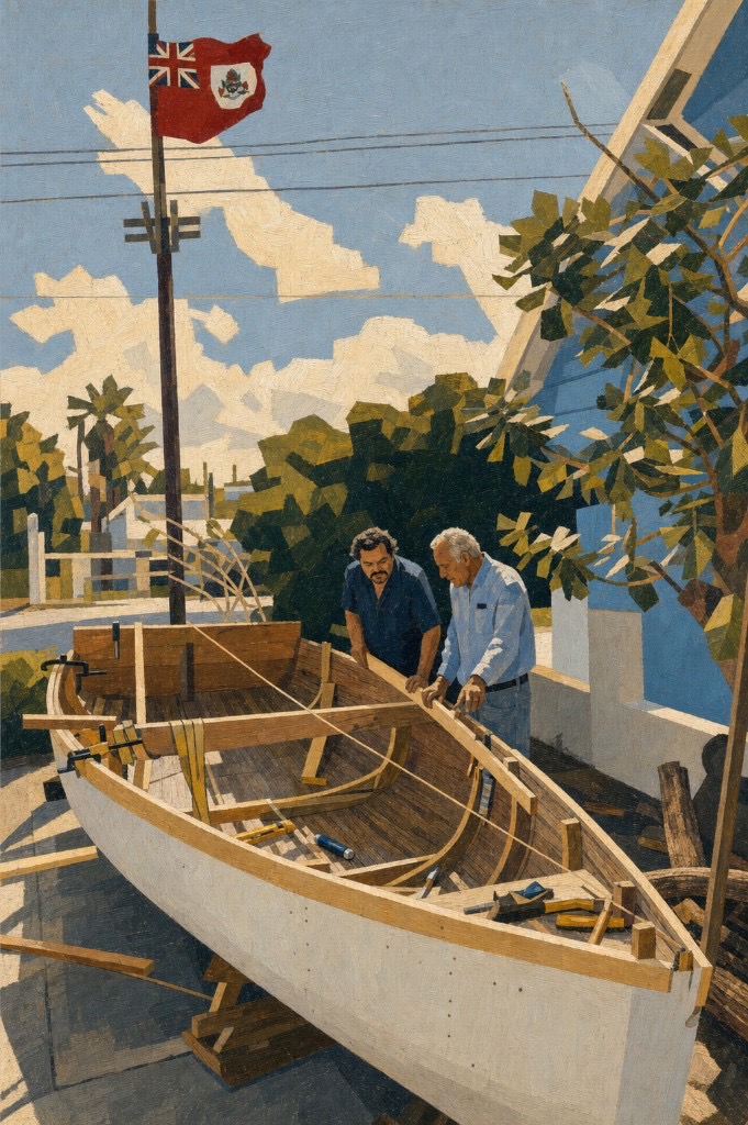 Painterly oil study of two Caymanian craftsmen building a traditional wooden catboat by hand.