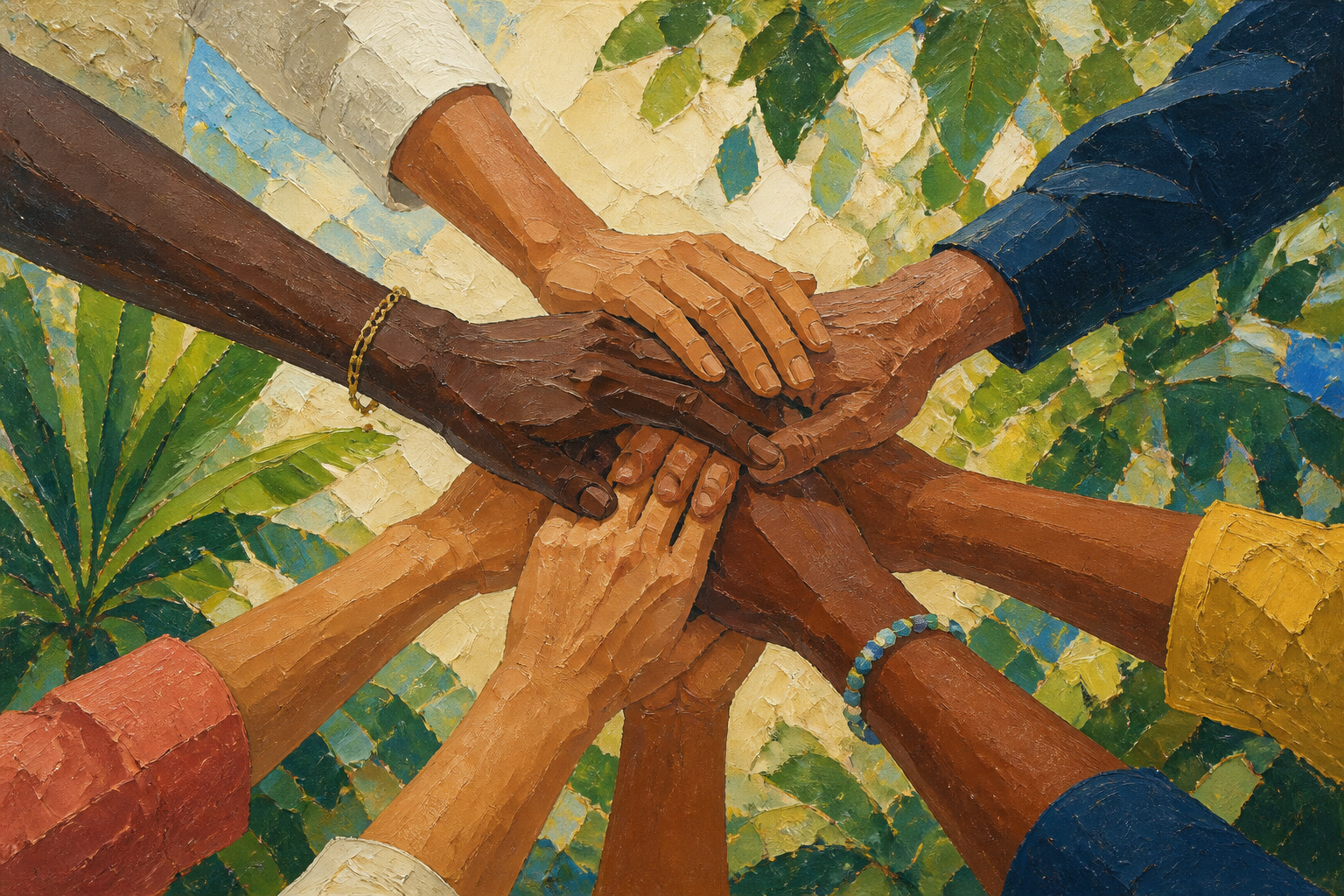Painterly study of diverse Caymanian hands joining together in support and solidarity.